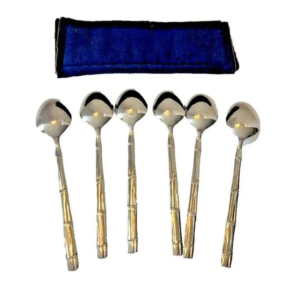PRESENT Japan‎ Stainless BORNES Line 6 Teaspoons Dotted Bamboo Handle 6.5